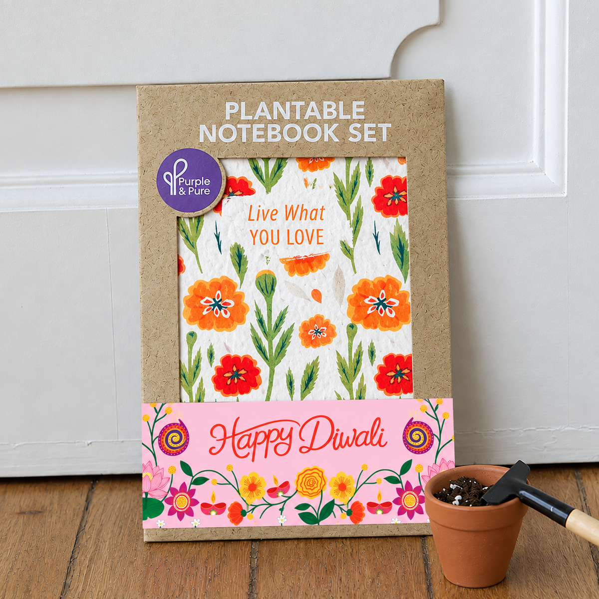 Plantable Diwali notebook set in Marigold design with plantable pen and pencil