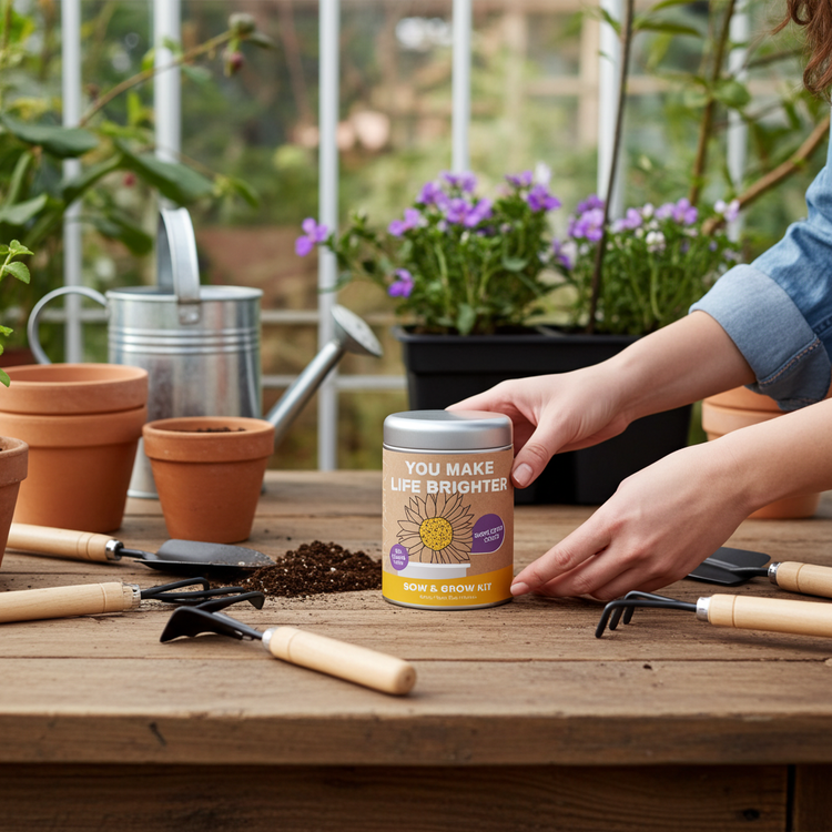 Collection of Sow & Grow Kits featuring eco-friendly plant growing kits for herbs and vegetables, including mint, cherry tomato, oregano, yellow capsicum, and lavender.