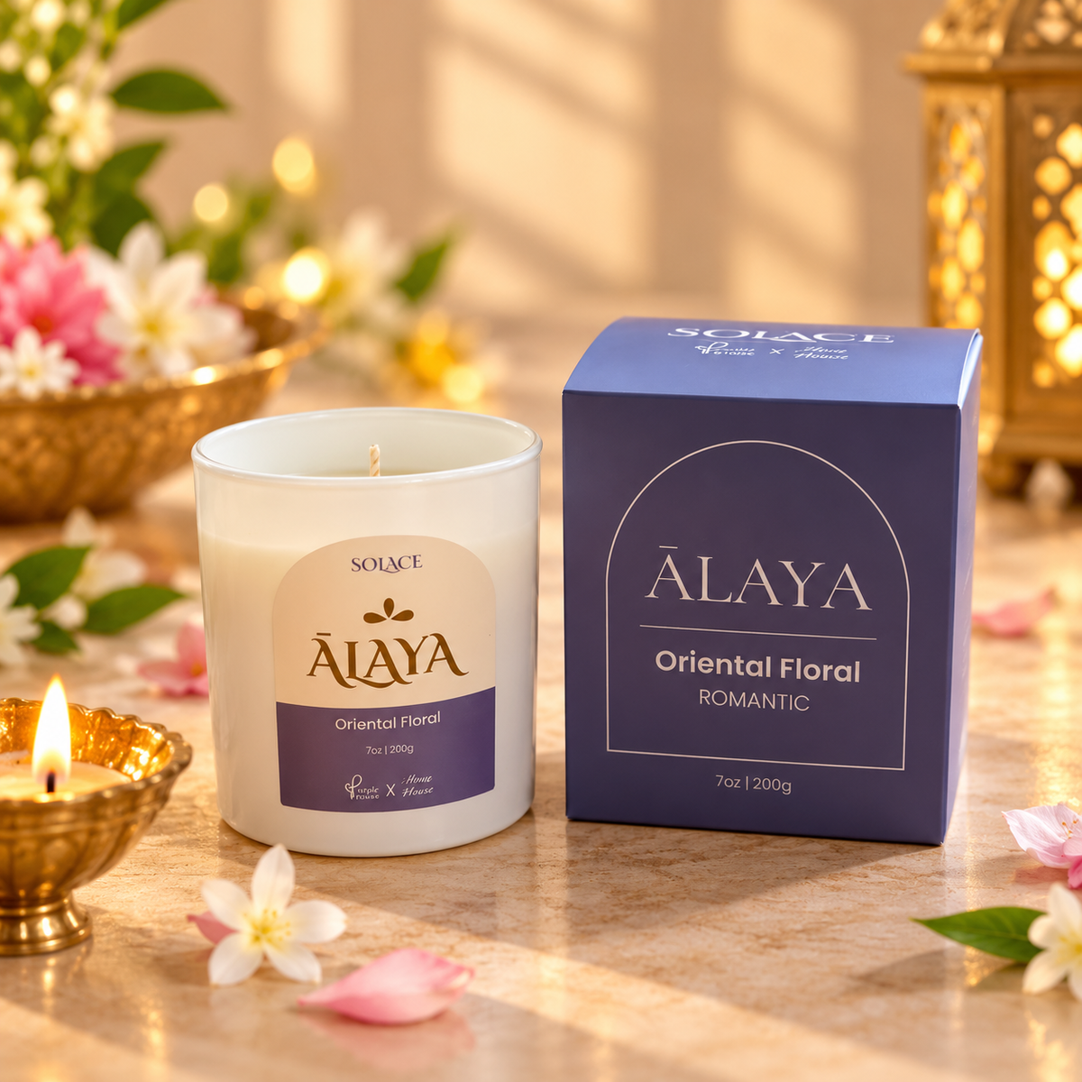 ĀLAYA Oriental Floral soy candle in a Diwali still life, Solace Collection by Purple & Pure