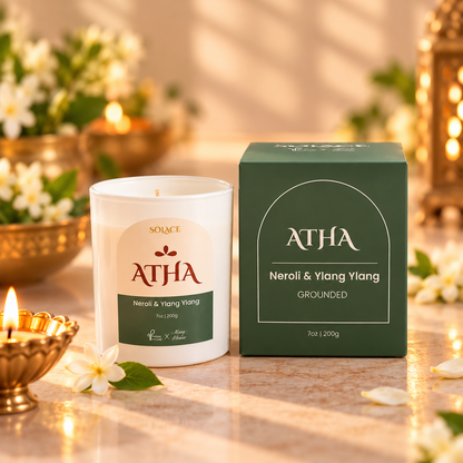 ATHA Neroli & Ylang Ylang soy candle styled for a calming home ritual, Solace Collection by Purple & Pure