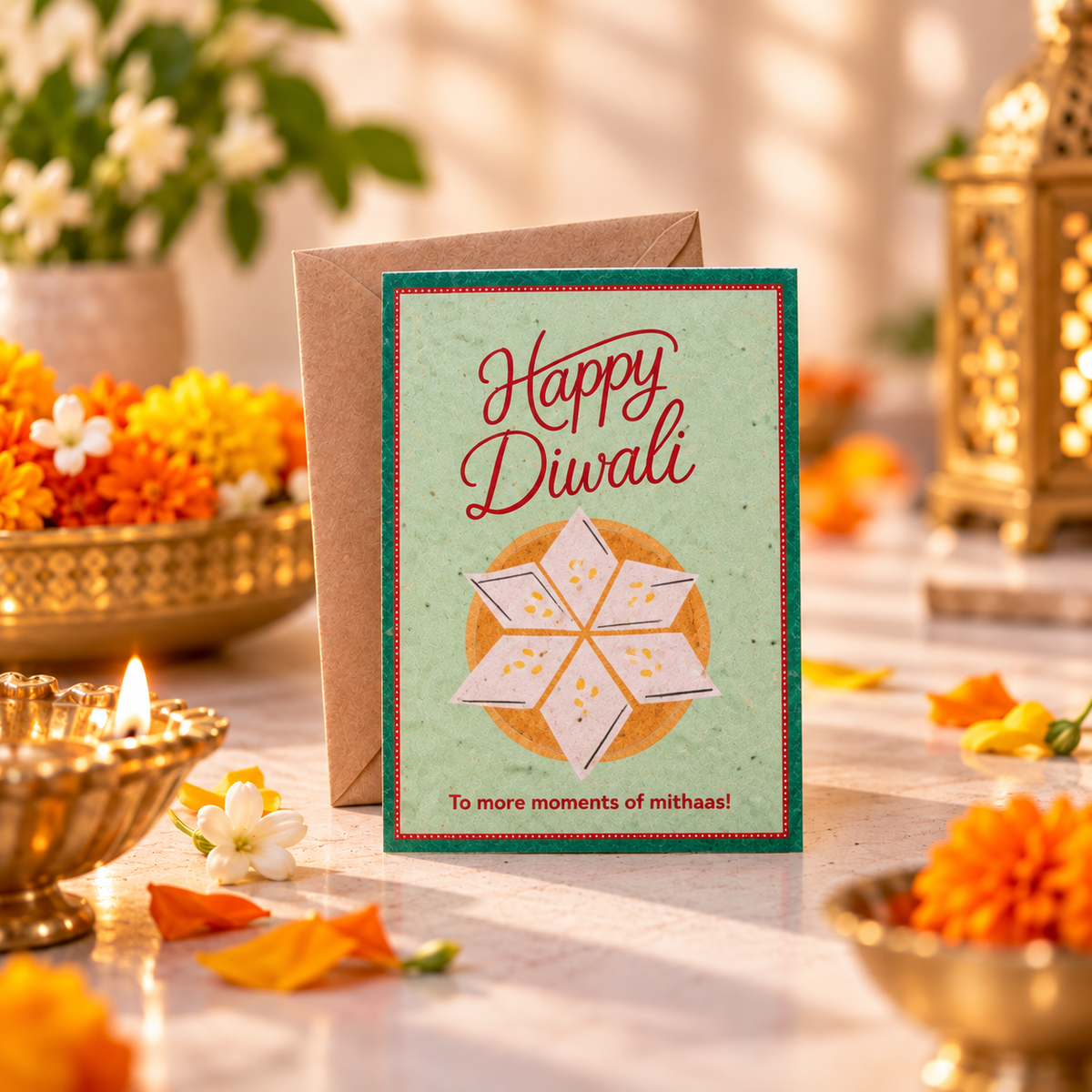 Mithaas plantable Diwali greeting card with kraft envelope, seed paper Deepavali card