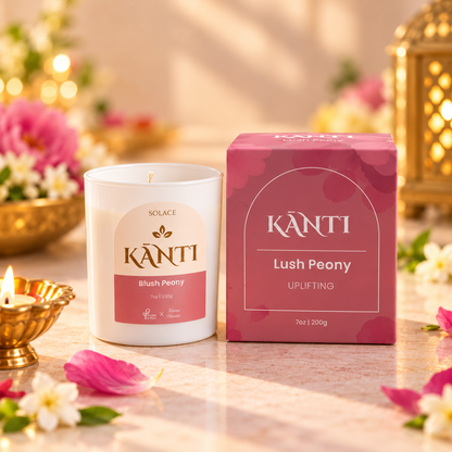 KĀNTI Blush Peony soy candle in a festive Diwali still life, Solace Collection by Purple & Pure