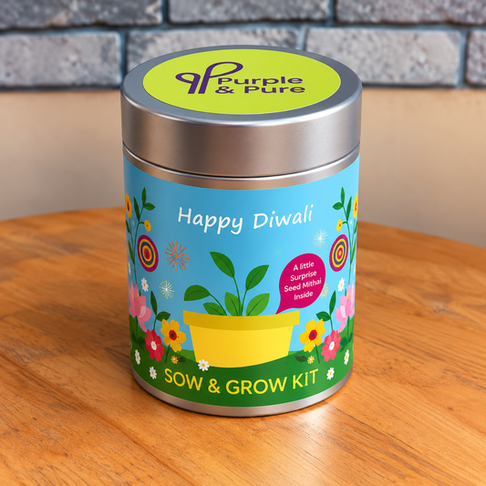 Diwali Grow Kit tin with seed mithai, cocopeat and fertiliser, eco-friendly Deepavali gift Singapore
