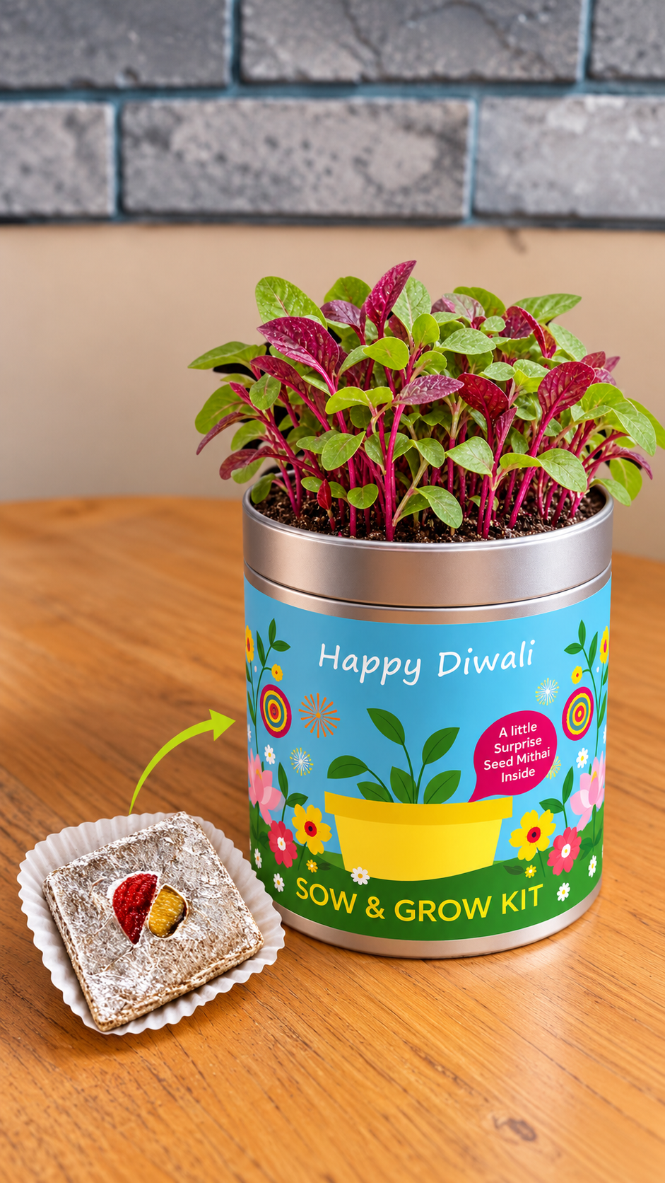 Plantable mithai Diwali grow kit tin planter, grows into amaranthus and marigold