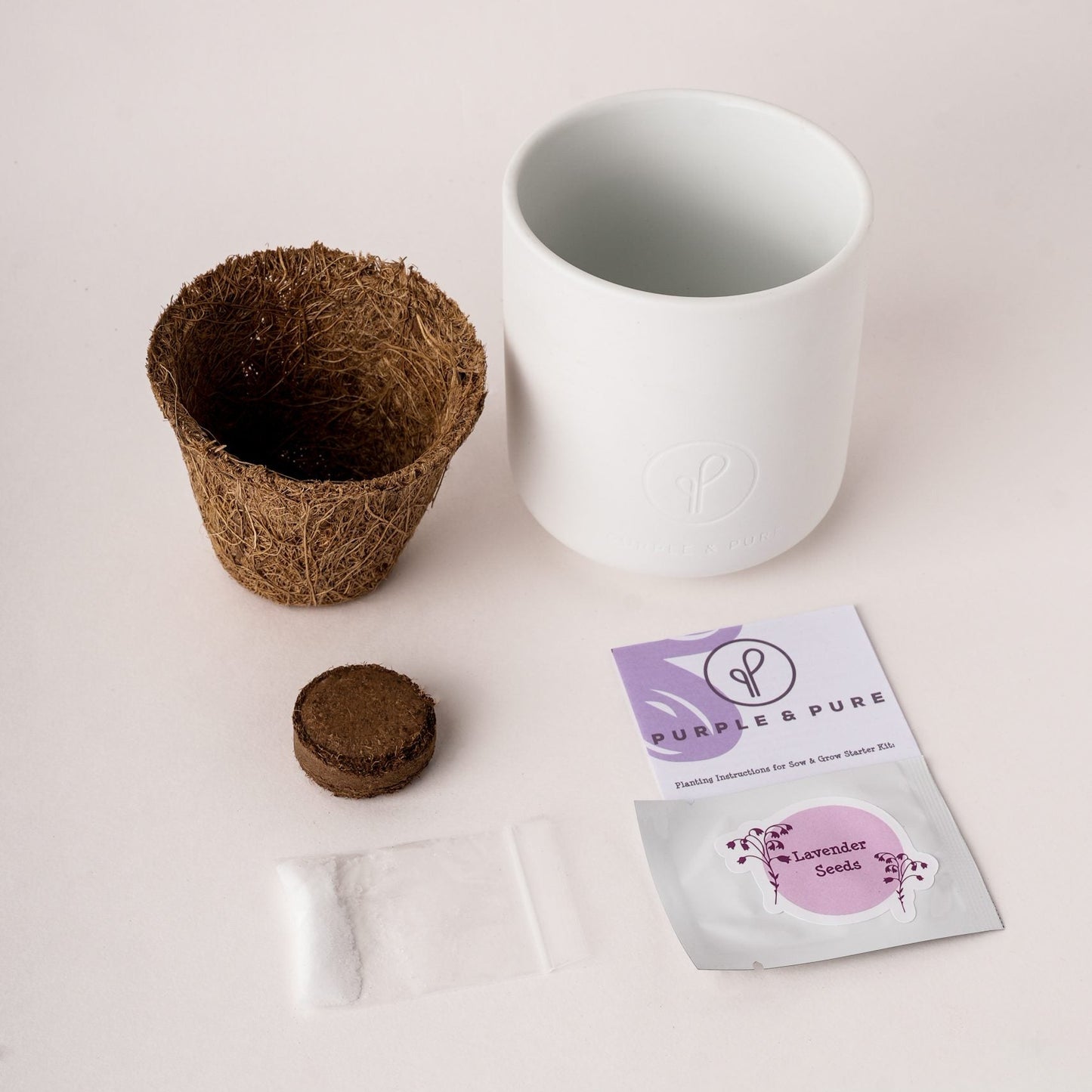 Lavender grow kit with the growing material - Ceramic planter, cocopeat, coconut husk and seeds