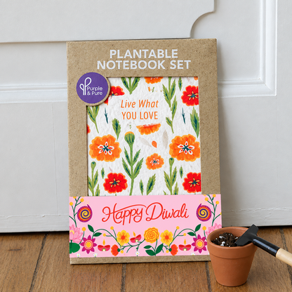 Plantable Diwali notebook set in Marigold design with plantable pen and pencil