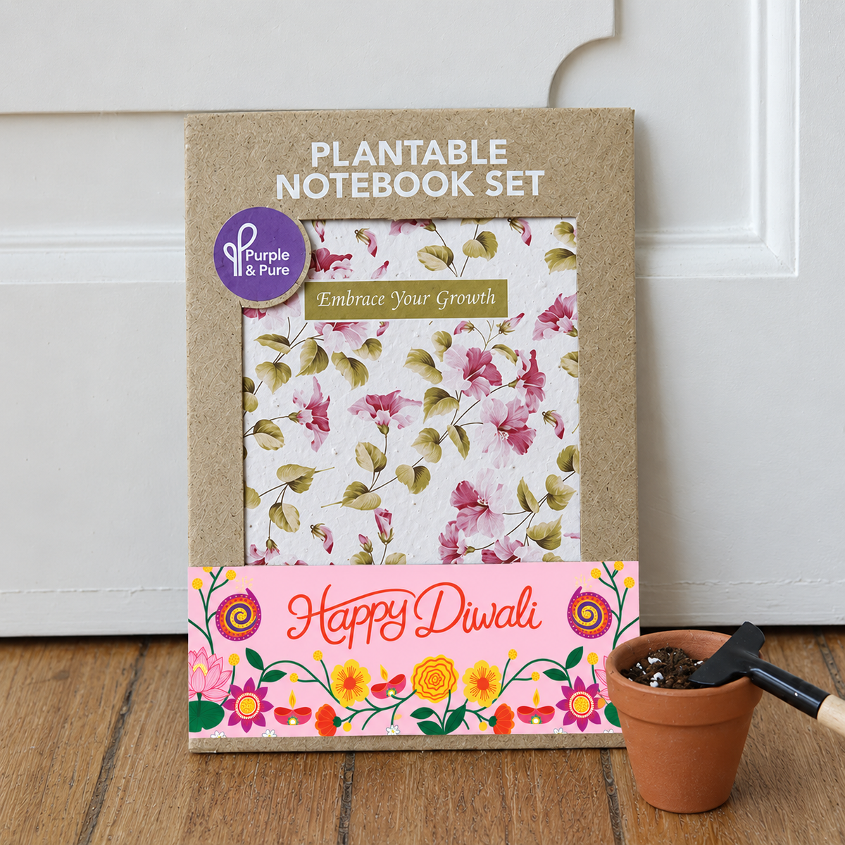 Plantable Diwali notebook set in Hibiscus bloom design, eco-friendly Deepavali gift