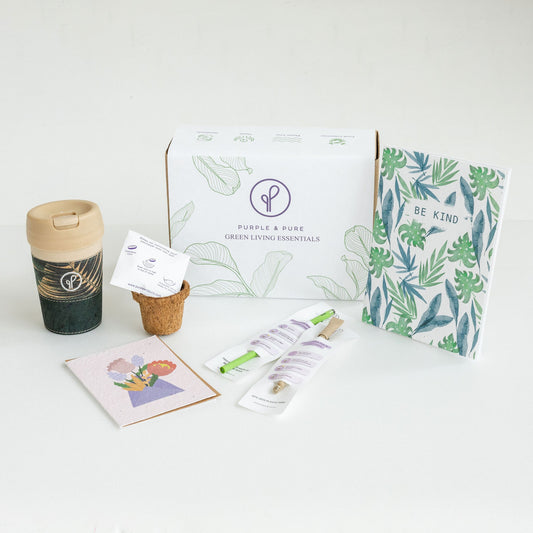 blue set of purple & pure green living essentials for plantable corporate gifts