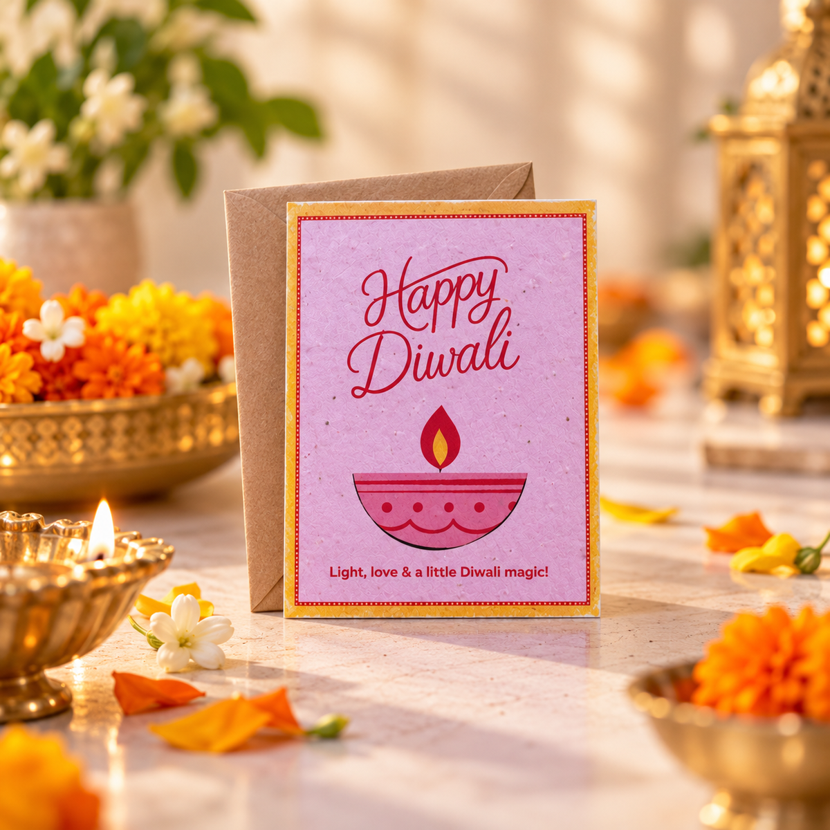 Roshni plantable Diwali greeting card with diya lights design, eco-friendly Deepavali card Singapore