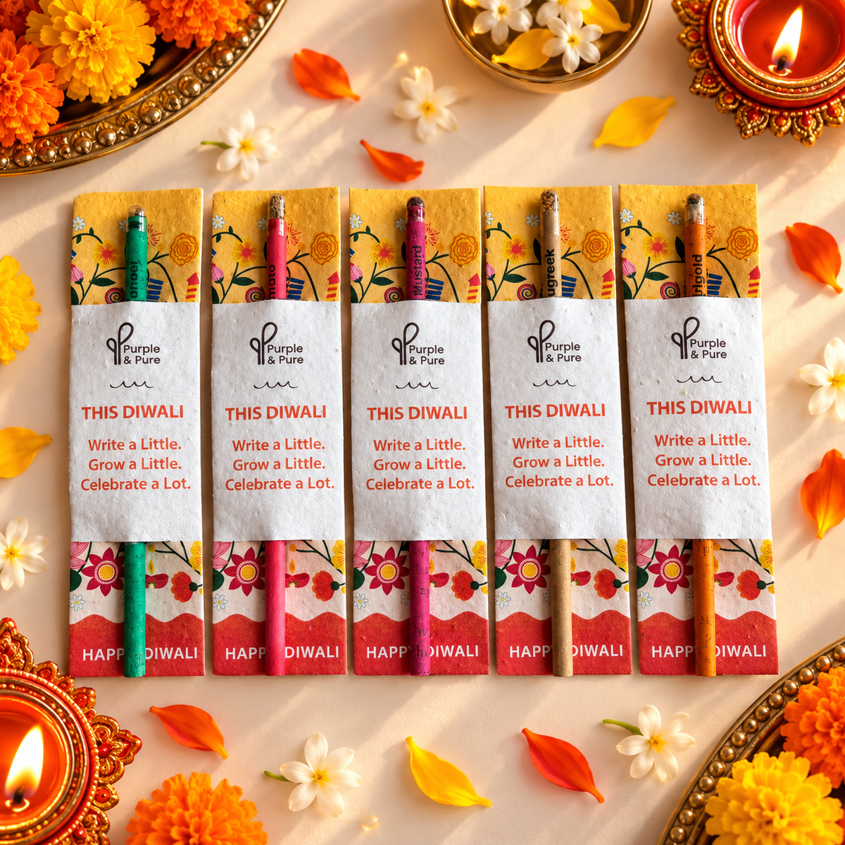 Diwali plantable seed pencils set of 5 in Happy Diwali seed paper sleeves, eco-friendly Deepavali gift Singapore