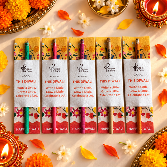 Diwali plantable seed pencils set of 5 in Happy Diwali seed paper sleeves, eco-friendly Deepavali gift Singapore