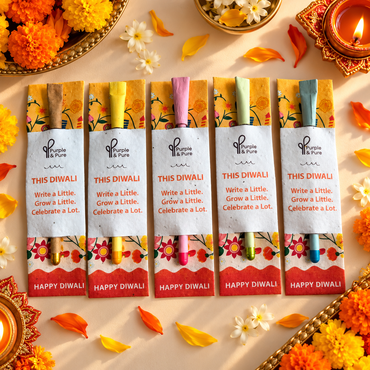 Diwali plantable seed pens set of 5 in Happy Diwali seed paper sleeves, eco-friendly Deepavali gift Singapore