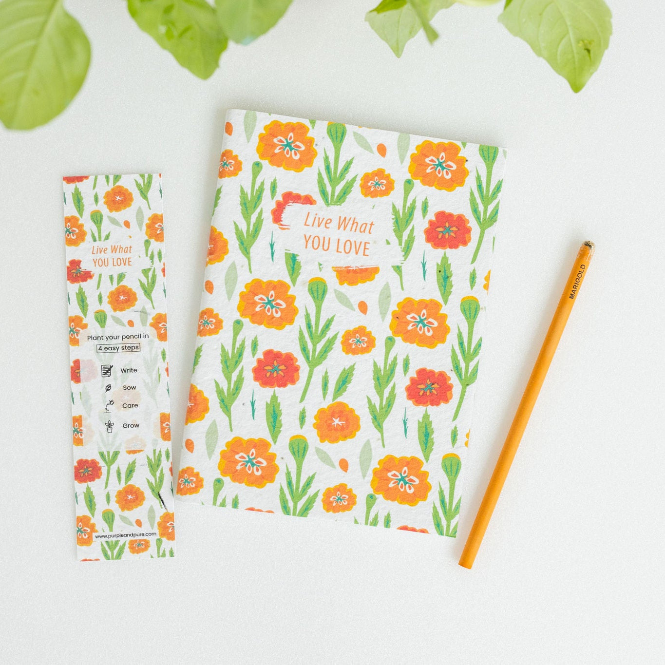 marigold plantable seed notebook, bookmark and pencil set, plantable gifts