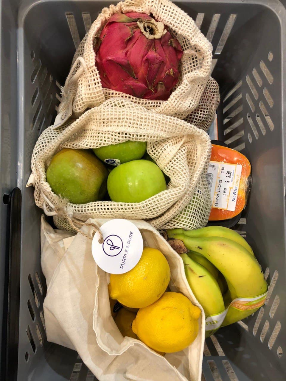 fruits and goods in purple & pure organic cotton produce bags combo